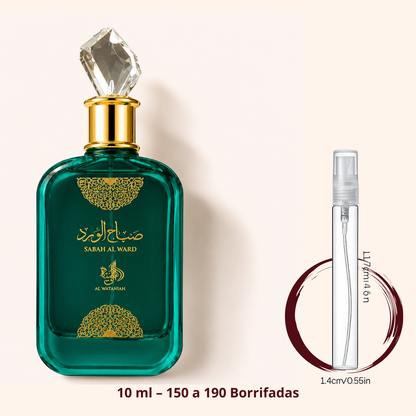 Al Wataniah Sabah Al Ward — frasco ao lado de um decant spray de 10 ml, para comparar o tamanho; cerca de 150 a 190 borrifadas
