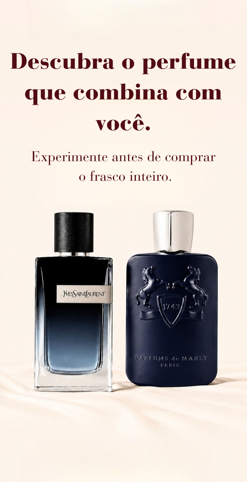 Descubra o perfume que combina com você. Experimente antes de comprar o frasco inteiro. Dois frascos de perfume sobre tecido claro.